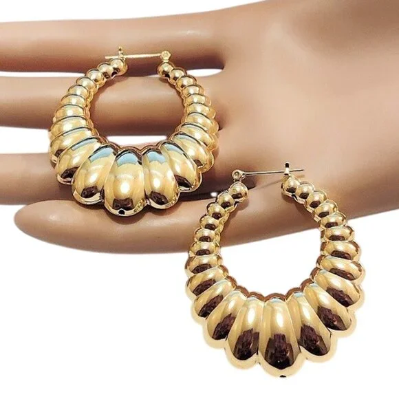 1 7/8 Inch 45mm Shrimp Hoop Gold Tone Pierced Post Earrings